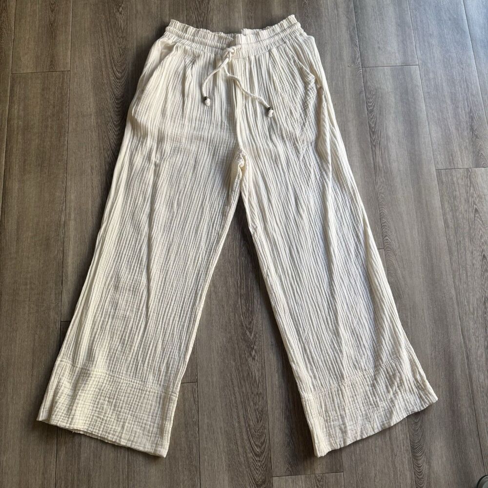 Sundays by Wearesundays Women Wide Leg 100% Cotton Beige Pants Euro Summer Sz L - Picture 1 of 13